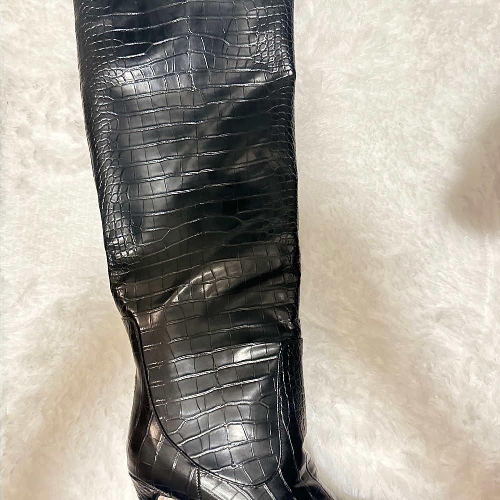 Black Croc-Embossed Knee-High Women's Boots